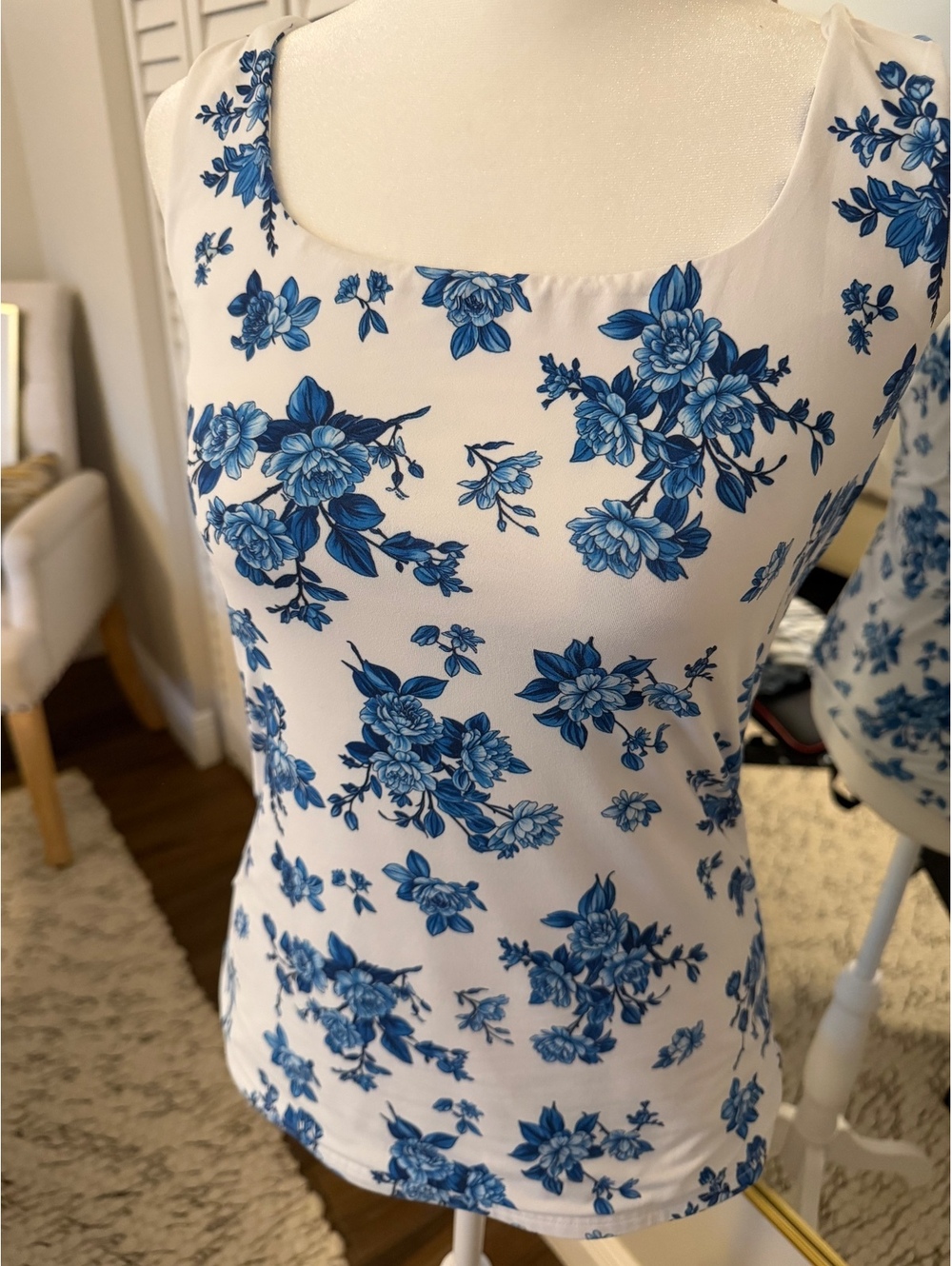 Floral blue and white tank top